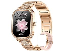 Knobbout 1,75 inch HD gebogen scherm smartwatch met ingelegde diamant - Slank, stijlvol en elegant design - Vrouwelijke gezondheidstracking - Bluetooth-belfunctie - Roségouden talen band met kristallen + extra siliconen band