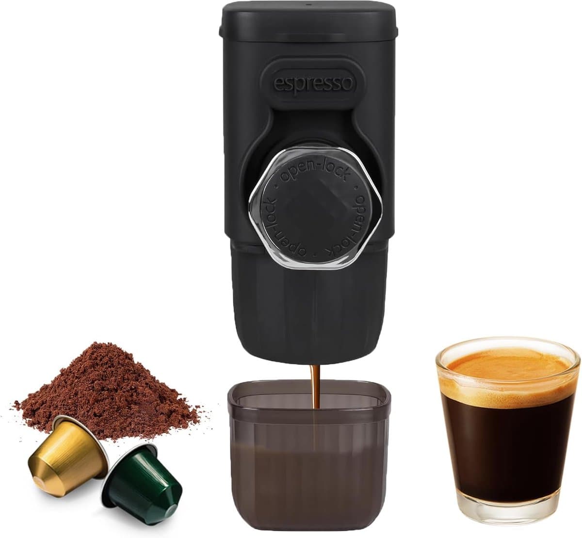 Draagbare koffiezetapparaat, 2-in-1 kleine reiskoffiezetapparaat voor gemalen koffie en capsules, handmatig bediend, 15 bar kleine handzame koffiezetapparaat voor kamperen en reizen — afbeelding 1