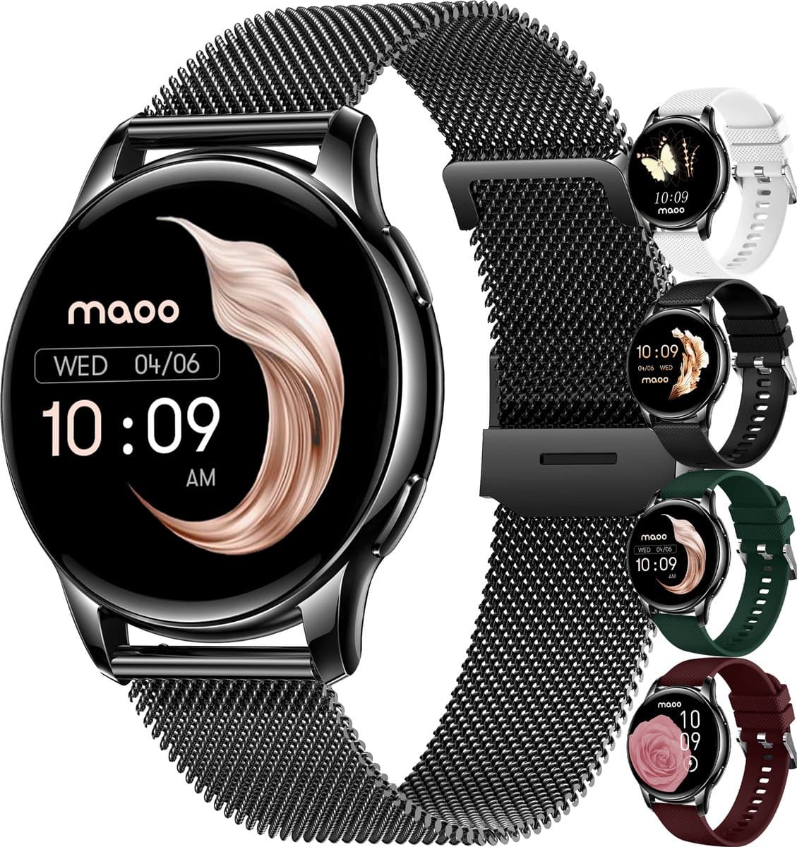 Maoo Ventura AMOLED Smartwatch Dames - RVS en 4x Siliconen Bandje - Stappenteller - Hartslagmeter - Slaapmonitor - Multisport - Geschikt voor Android en iOS - Zwart — afbeelding 1