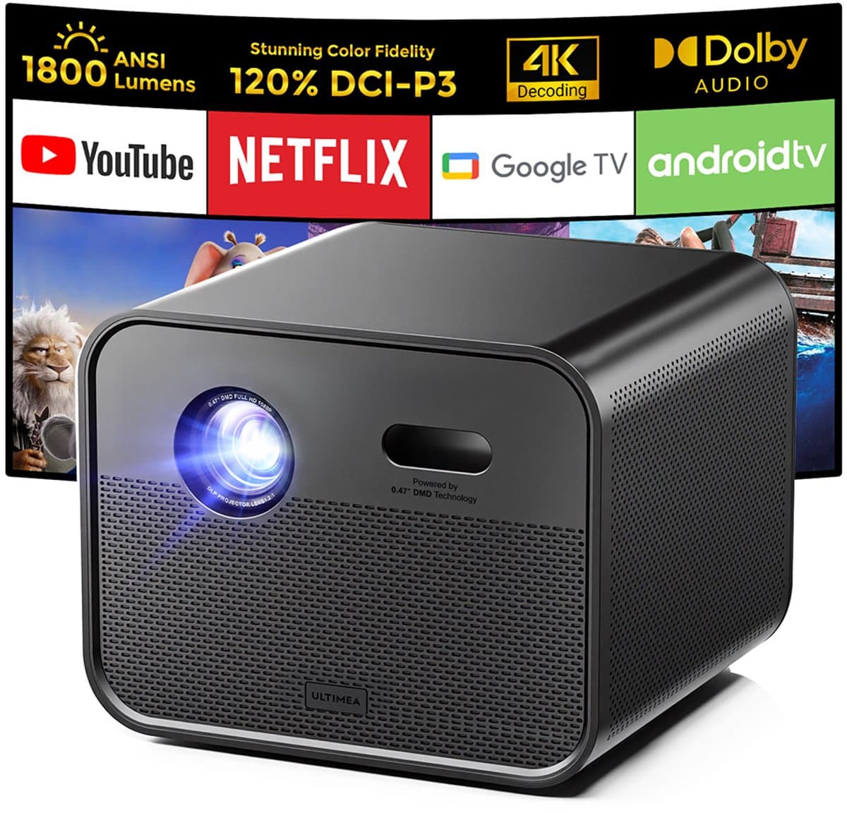 Ultimea Poseidon E100-projector, 1800 ANSI, native 1080P, 4K-decodering, automatische scherpstelling en 6D automatische keystone, actief 3D-beeld, 10 W*2 luidsprekers, Google TV — afbeelding 1