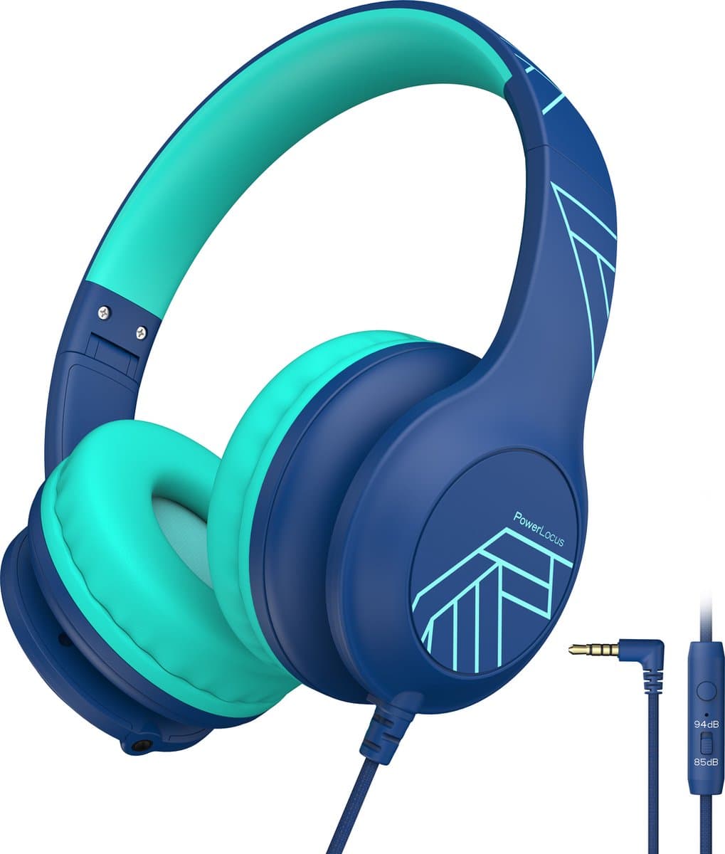 PowerLocus PLED Wired Kinder Koptelefoon met Draad - Koptelefoon voor kinderen - Veilig volume van 85dB en 94dB - Hoofdtelefoon - Met microfoon - Sharing Audio Functie - Blauw — afbeelding 1