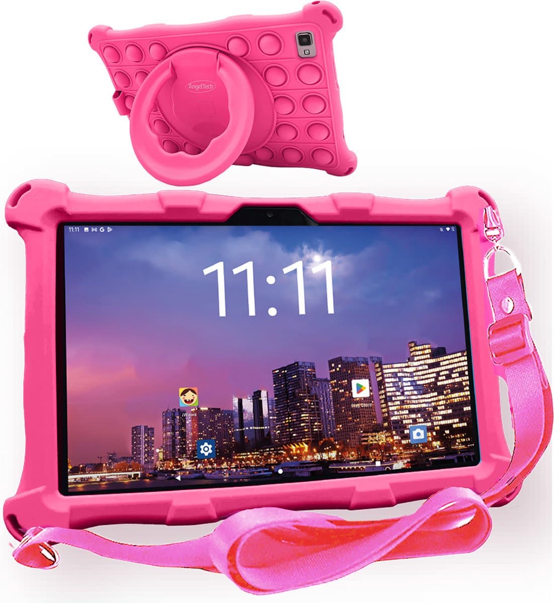 AngelTech Kindertablet XL PRO II - Android 16 - 6+8GB RAM – 128+64GB – Snelle 10 inch Kindertablet – Vanaf 3 Jaar – 100%Kidsproof – Ouderlijk Toezicht - 360° Fidgy Beschermhoes – Roze — afbeelding 1