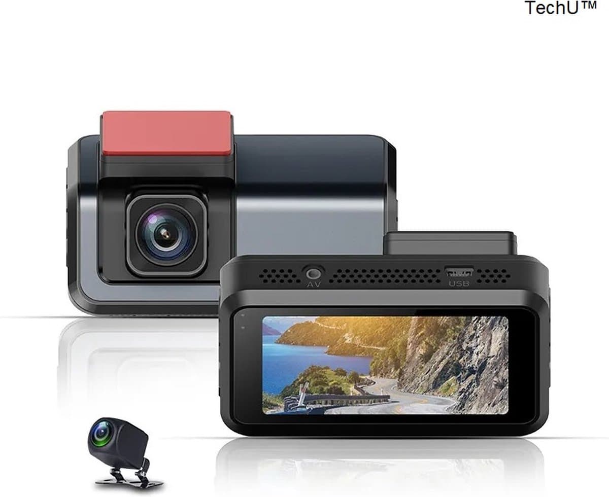 TechU™ Dashcam Camera – M45 Zwart – Dashboardcamera met Achteruitrijcamera – 3 inch Beeldscherm Full HD 1080P – 140° Wijdhoeklens – G-sensor – Loop recording – Bewegingssensor – Parkeermodus – Voor Auto — afbeelding 1