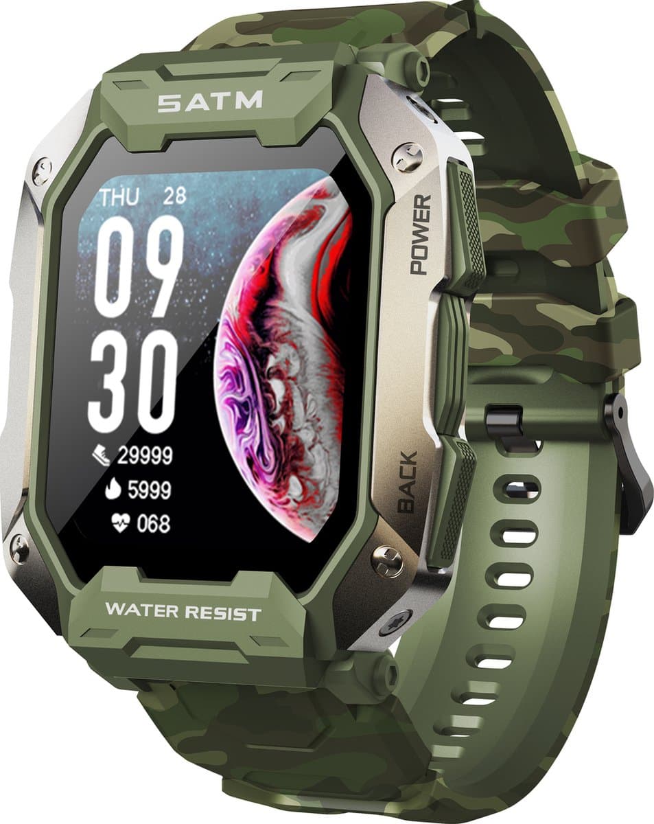 Belesy® Covert - Smartwatch Heren –Horloge – Navigatie - Stappenteller – Calorieën - Hartslag – Sporten - Je eigen foto als wijzerplaat - Kleurenscherm - Full Touch – Groen camouflage – Siliconen - Moederdag — afbeelding 1