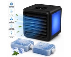 QUIGG Mini Air Cooler met LED Verlichting – Draagbare Luchtkoeler – Dubbele Watertank 700 ml – 3 Snelheden – USB Aangedreven – Zwart