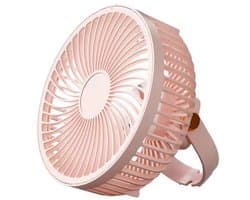 Draagbare oplaadbare bureauventilator met ledverlichting en haken – ventilator met 1200 mAh-accu voor tenten en reizen