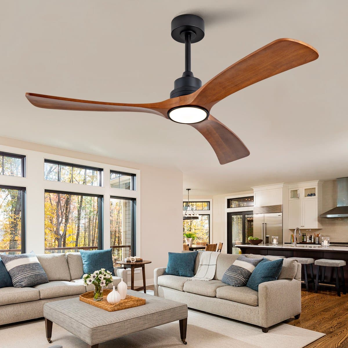 52 inch Plafondventilator met Licht - Slimme dubbele bediening via afstandsbediening en wandschakelaar - Omkeerbare DC-motor met geheugenfunctie - Stille werking - 3 massief houten bladen - Geschikt voor woonkamer — afbeelding 1