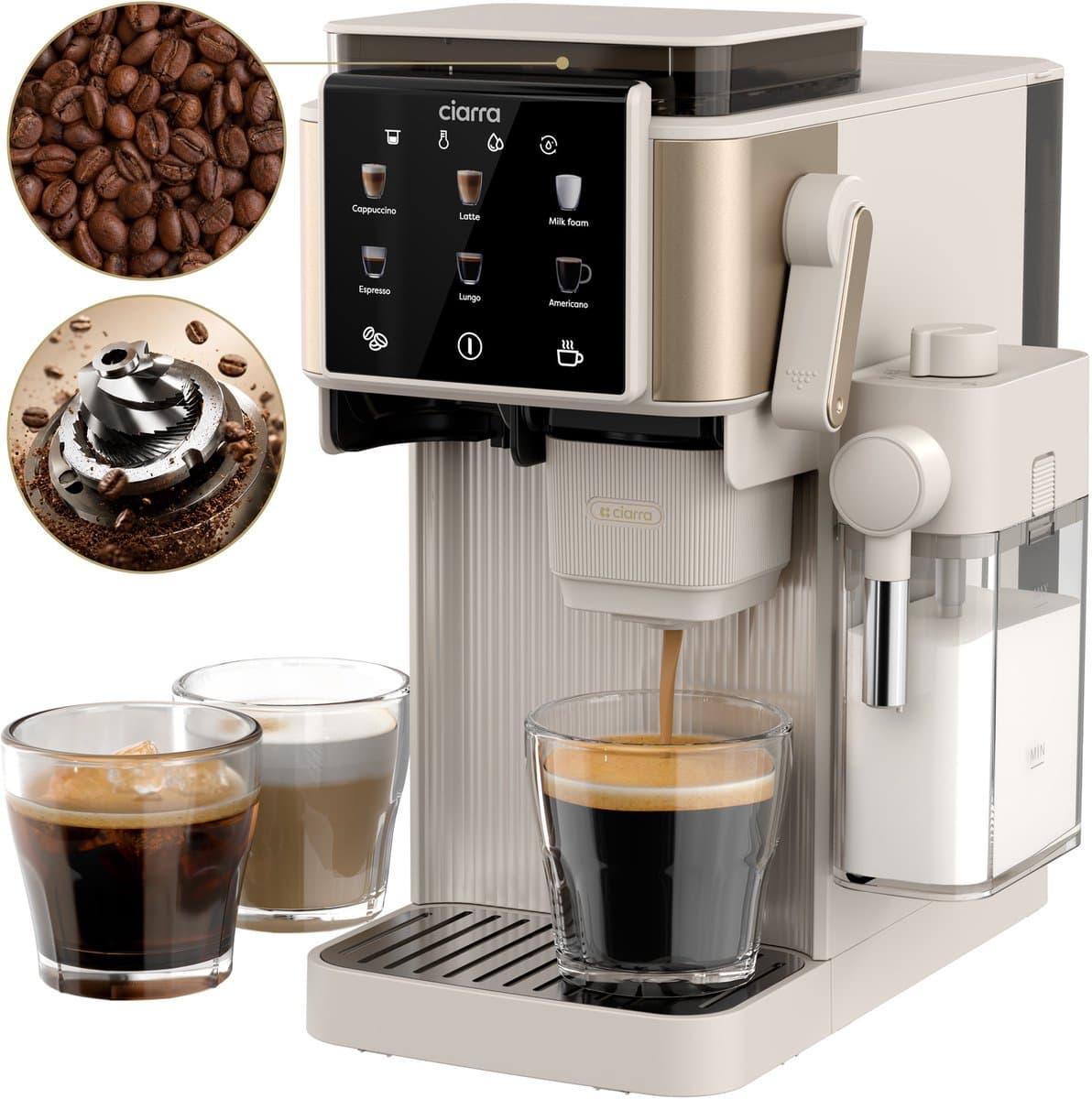 CIARRA CBSACM-D6 - Pistonmachine met Koffiemolen en Melkopschuimer - Halfautomatische Espressomachine met Touchscreen - 15 Bar Drukpomp – Voor Espresso, Cappuccino, Latte en Americano — afbeelding 1