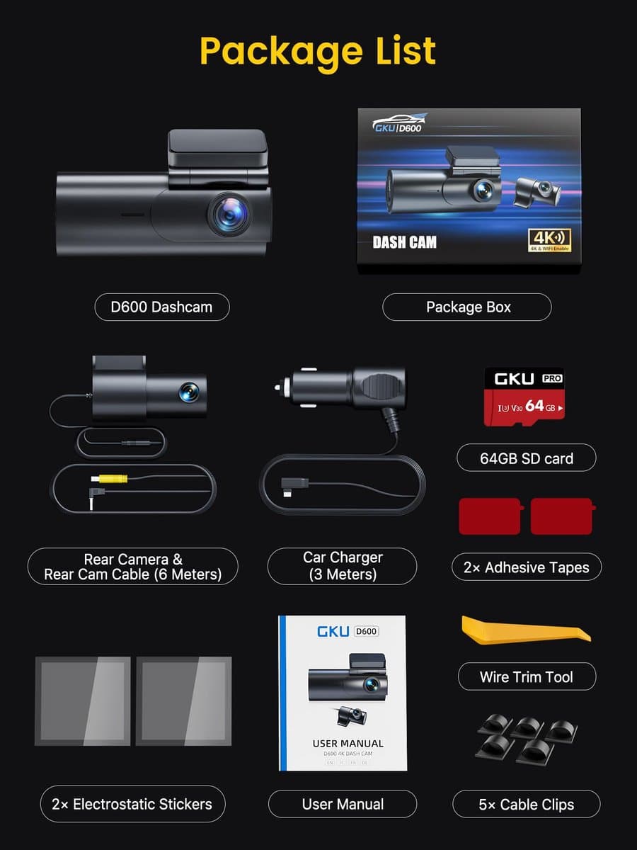 SnelShoppen - GKU 4K Dashcam Voor en Achter met WiFi, 64GB SD-Kaart, Dual Auto Camera met Parking Monitor, Nachtzicht, WDR, 170° Brede Hoek, G-Sensor, — afbeelding 1