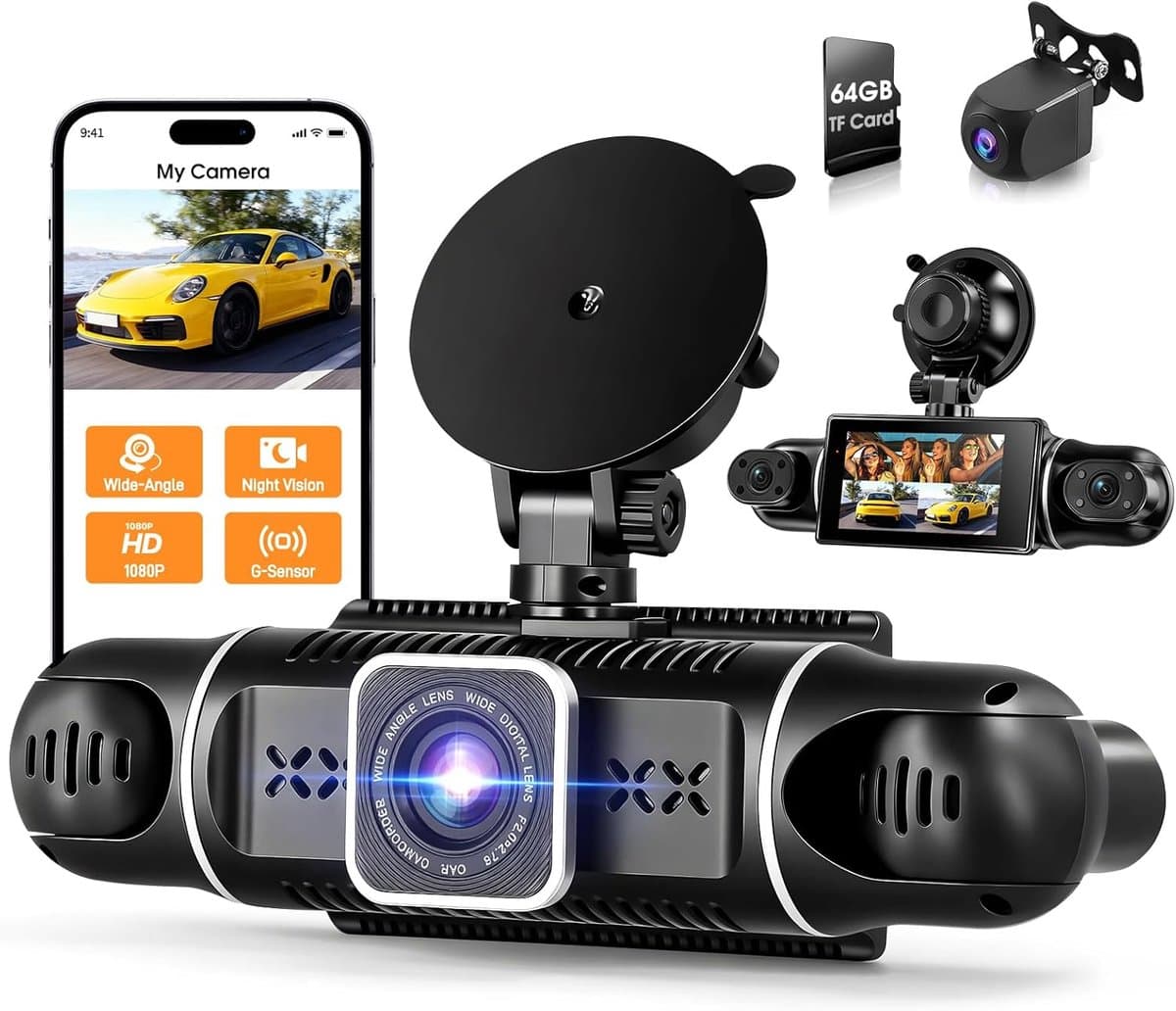 SnelShoppen - Draadloze Dashcam 2K + 1080p Panorama-opname met 360° Parkeerbewaking, Nachtzicht, Wifi 5GHz, 64GB Kaart - Ultragroothoeklens voor Volle — afbeelding 1