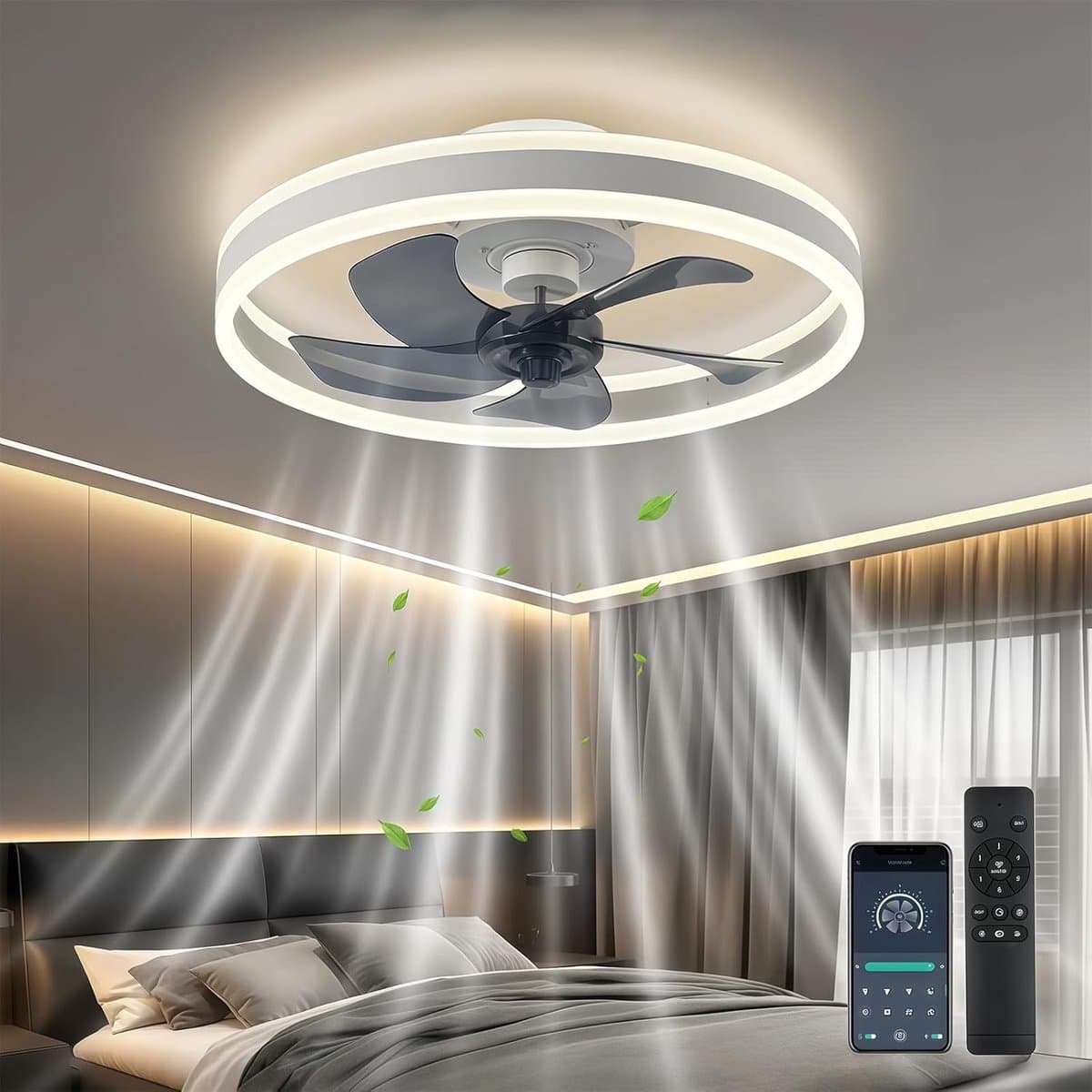 LED-plafondventilator met verlichting- platte plafondventilator met verlichting- 6 snelheden en omkeerbare windrichting voor alle seizoenen- dimbare LED- 40 cm — afbeelding 1