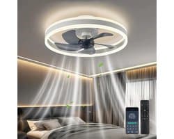 LED-plafondventilator met verlichting- platte plafondventilator met verlichting- 6 snelheden en omkeerbare windrichting voor alle seizoenen- dimbare LED- 40 cm