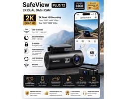 SafeView T2 Dashcam voor Auto | 2K Quad HD | Voor- & Achtercamera | WiFi | 32GB Micro SD-kaart Inclusief | Parkeermodus | Botsingsdetectie | Nachtzicht