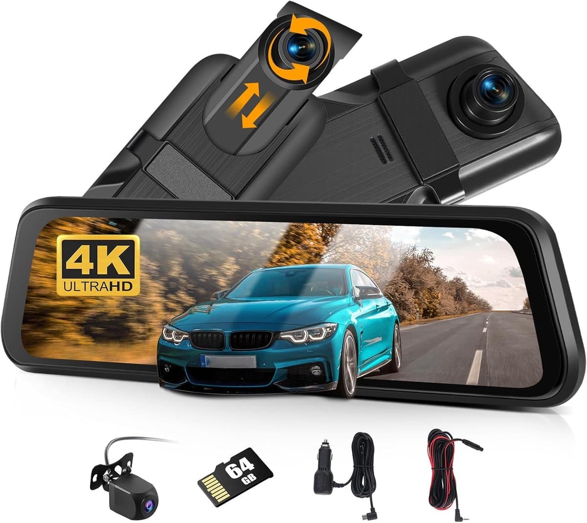 Thijox - CAMECHO Spiegel-dashcam met Achteruitrijcamera, 9,66 Inch Full HD 4K, Dubbele Dashcamspiegel voor en Achter, Super Nachtzicht, G-sensor, GPS, — afbeelding 1