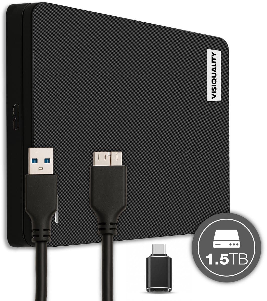 VisiQuality High-Speed Externe Harde Schijf 1.5 TB - Draagbare Dual Drive USB 3.0/C - Voor Windows & Mac - Geschikt voor Gameconsoles - Compact - Met handleiding - Zwart — afbeelding 1