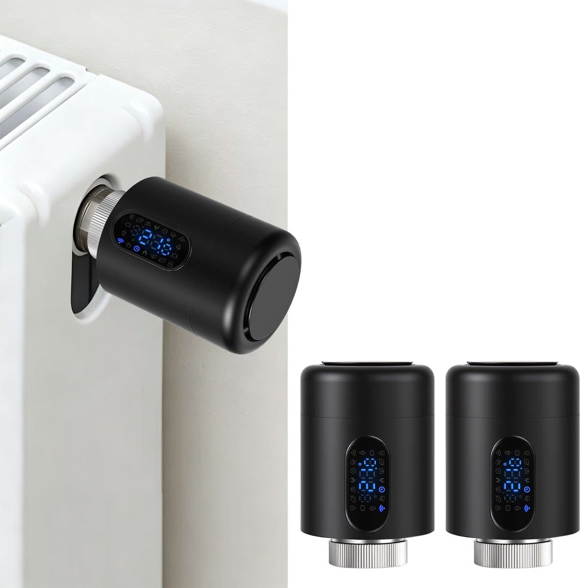 WiFi Radiatorthermostaat met App-bediening en 7 Ventieladapters – Zwart – 2-pack — afbeelding 1