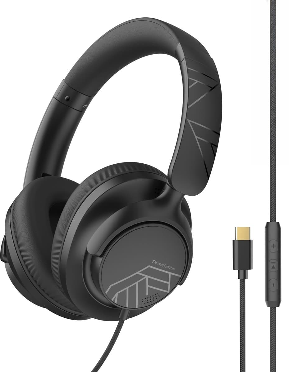 PowerLocus Pwired - Koptelefoon met Draad USB-C - Microfoon - Inklapbaar - Over-Ear Hoofdtelefoon met Kabel - Comfortabele Pasvorm - Zwart — afbeelding 1