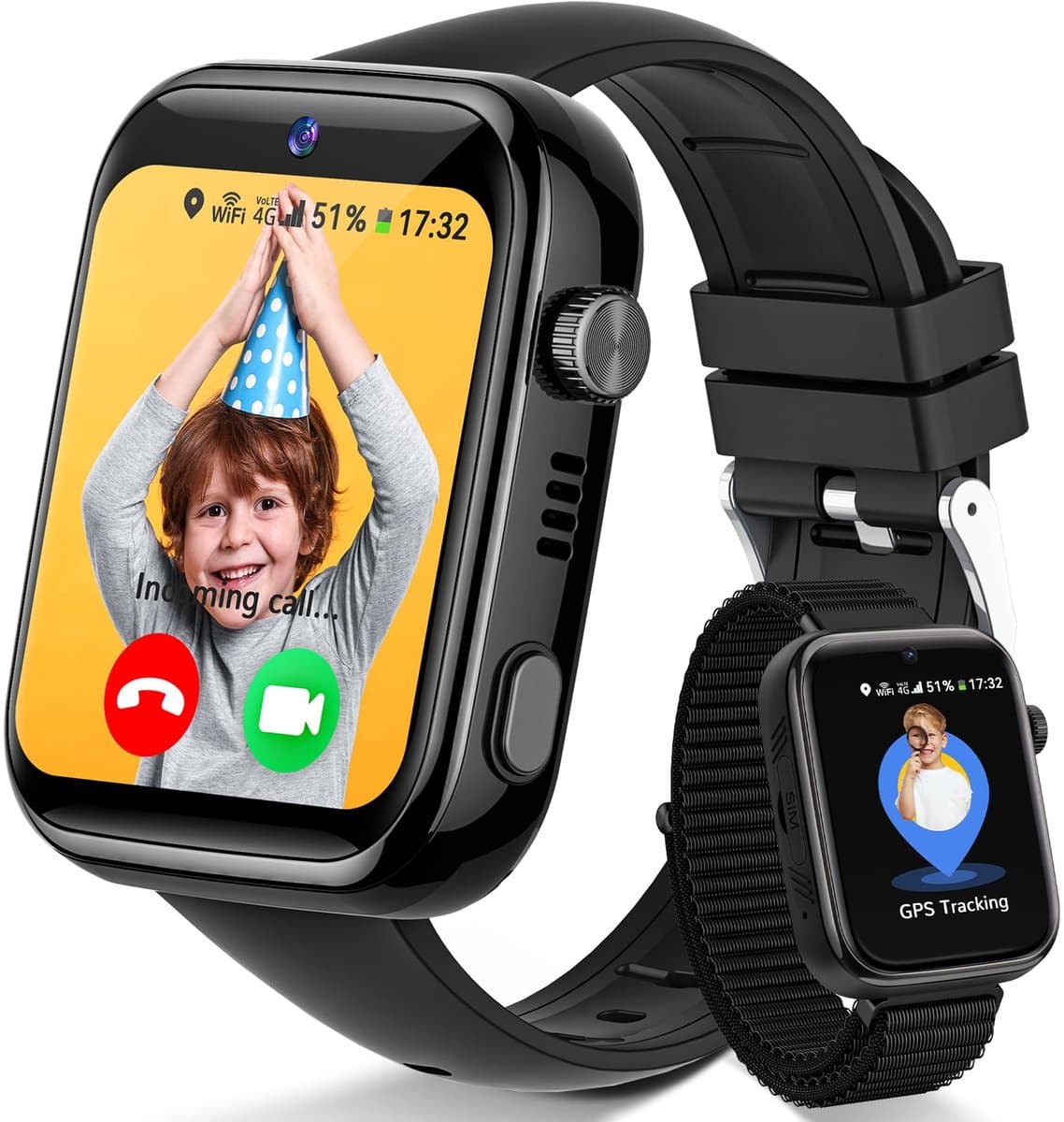 FOSMET 4G Smartwatch Kinderen - KidsWatch - Kinder Smartwatch - GPS Horloge Kind - SOS Knop - Tweeweg-gesprekken - GPS Horloge Kind - Kinderhorloge met Simkaart - Videobellen - Geschikt voor 4-12 Jaar - Jongen / Meisje - Zwart — afbeelding 1