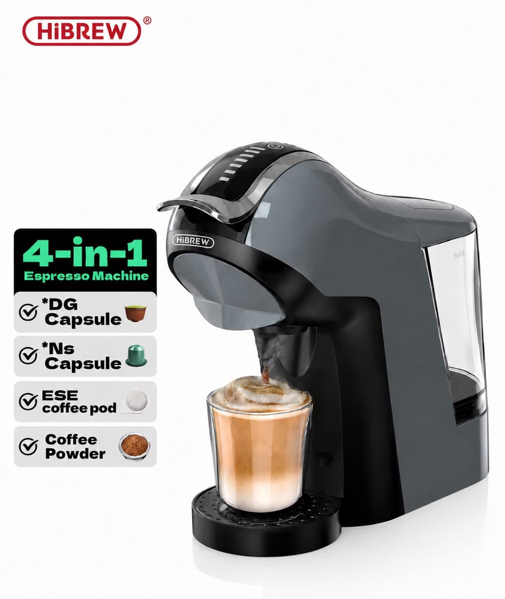 HiBREW H17 4-in-1 Koffiecupmachine - 20 Bar - Voor NES/DG/ESE/Pods & Gemalen Koffie - Warm & Koud - 7 Waterniveaus - Touch Control - Zwart — afbeelding 1