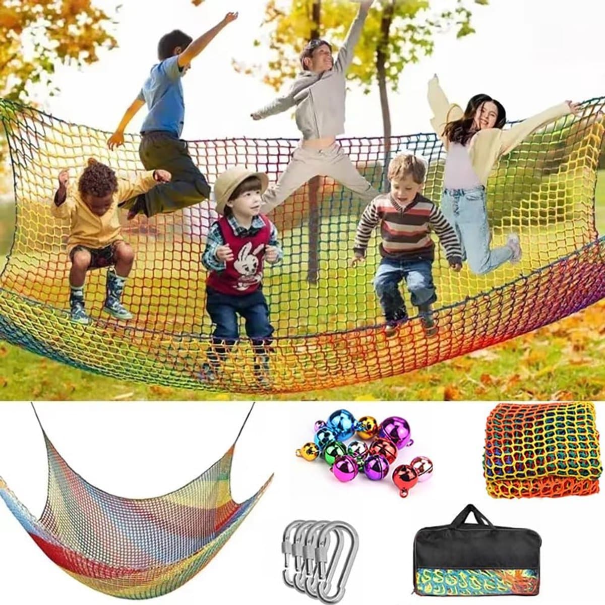 Klimnet voor kinderen, klimnet, outdoor, klimbagagenet, dubbellaags, 4 mm dik touw, 4 cm gat met opbergtas, voor speelplaats, outdoor, indoor, tuin, kleurrijk, 3 x 3 — afbeelding 1
