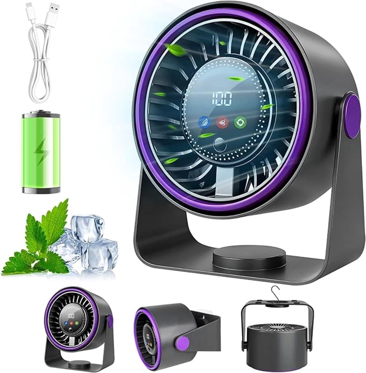 Stille tafelventilator, USB-miniventilator, 3-in-1 draagbare ventilator, 5000mAh-batterij, 5 instelbare windsnelheden, 360° draaibaar, geschikt voor thuis, kantoor, kamperen en buitenactiviteiten. — afbeelding 1