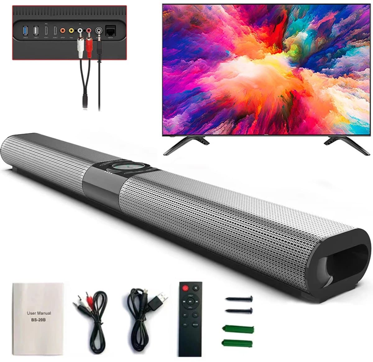 Bluetooth 5.0 TWS-soundbar voor tv's en thuisbioscoop - Soundbar met draadloze subwoofer – 3D-surroundgeluid – FM-radio – Ingebouwde subwoofer – RGB-verlichte luidspreker – Thuisbioscoopgeluid – Zwart — afbeelding 1