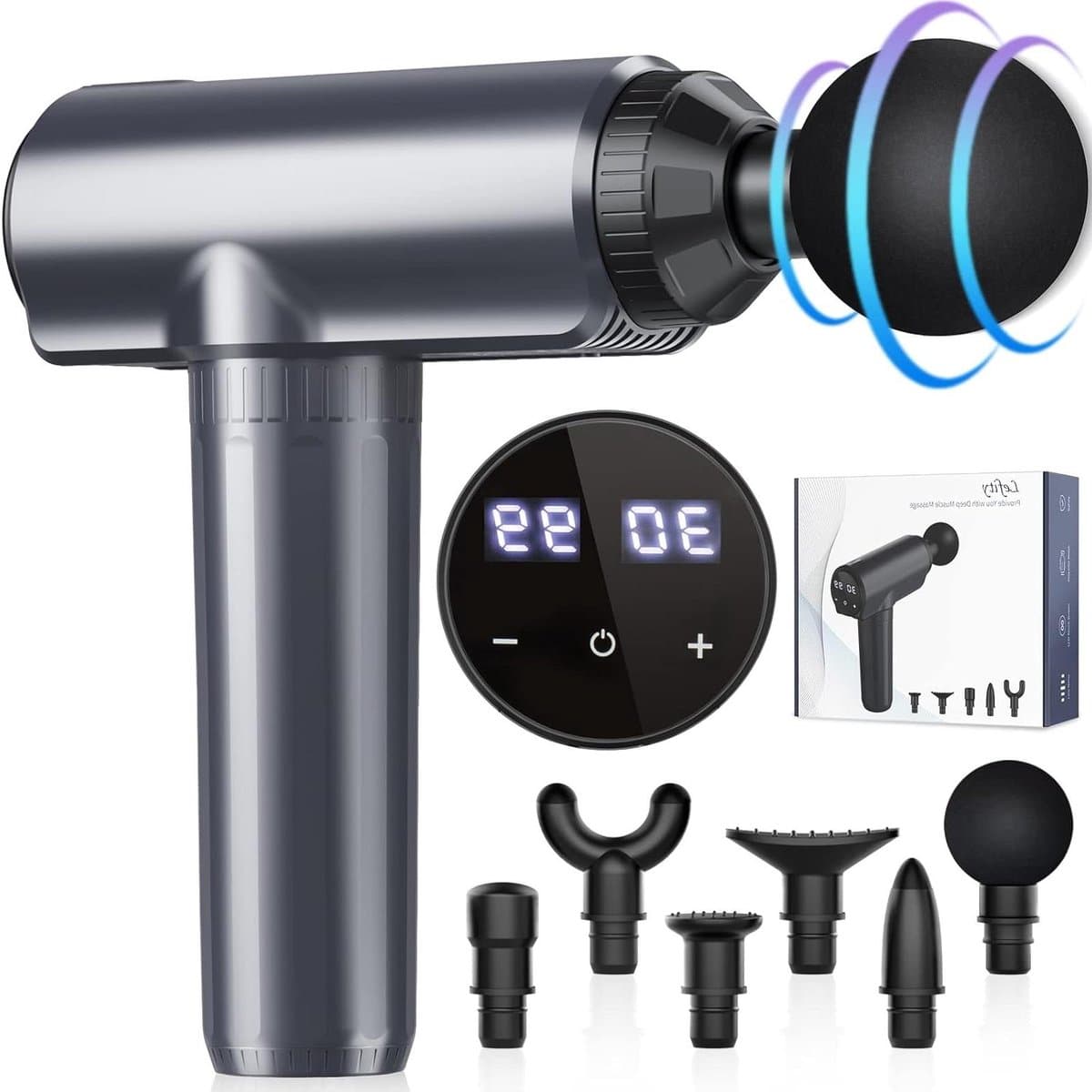Massagepistool - Spierherstel Tool - Spierpijn Verlichten - 30 Niveaus 6 Koppen - 19x6x18 cm - Zwart — afbeelding 1