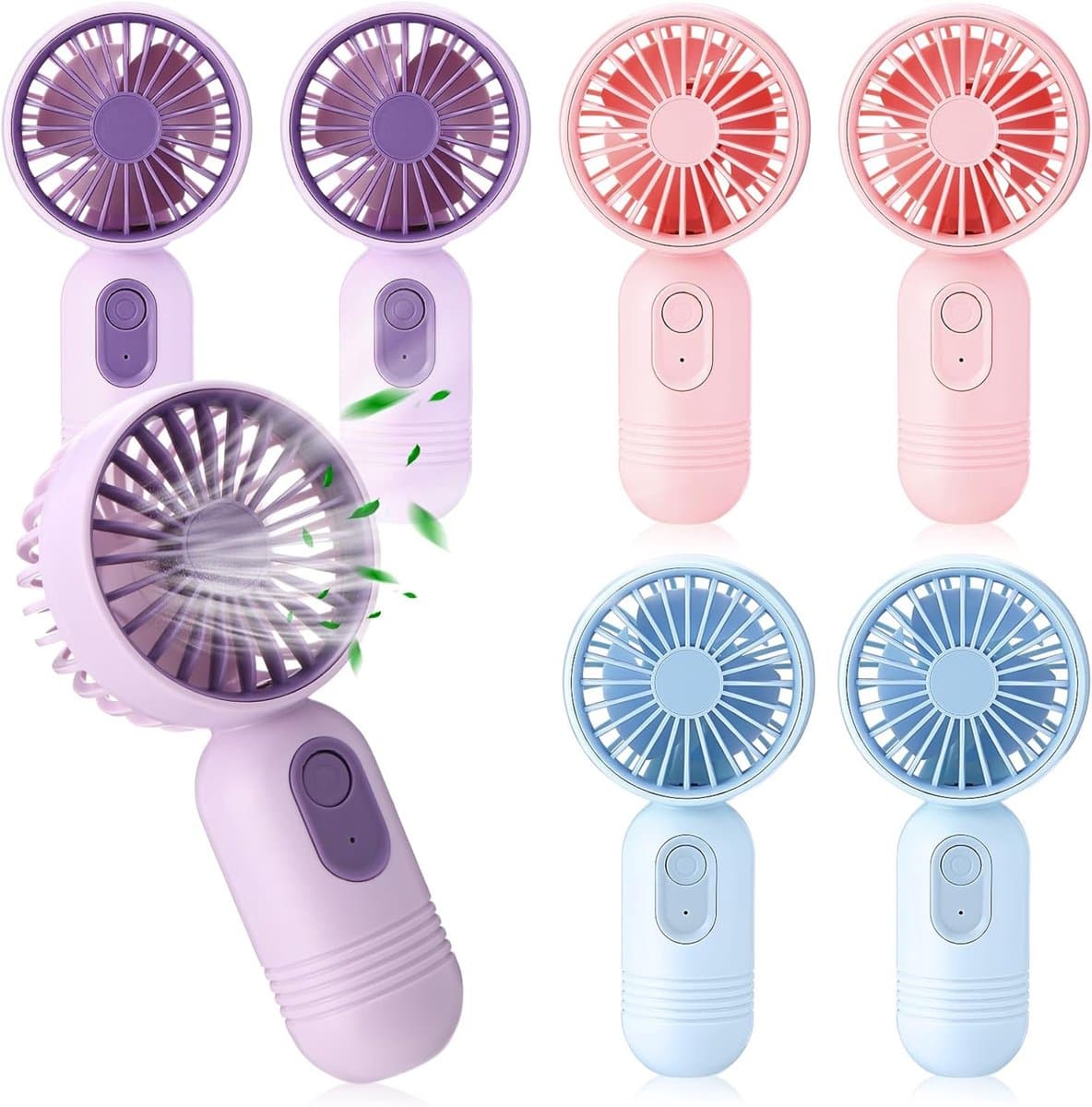 Set van 7 mini draagbare ventilatoren, schattig en lichtgewicht, compact en draagbaar, 3 windsnelheden, USB oplaadbaar, unisex, geschikt voor make-up binnen en buiten en op reis (blauw, roze, paars). — afbeelding 1
