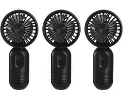 Driedelige set - Handventilator - Drie windsnelheden - Gemakkelijk vast te houden of in een tas te stoppen - Oplaadbaar via USB of batterij - Stille werking - Perfect voor reizen, kamperen of buitenactiviteiten - (Zwart)