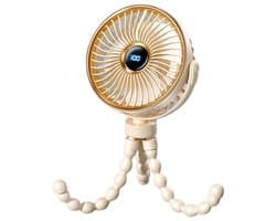 Draagbare mini kinderwagenventilator, oplaadbare persoonlijke ventilator, reisbenodigdheid voor babywagen, speelwagen, autostoel en loopband, fietsaccessoire, 360° draaibaar, 3 snelheden met display, beige