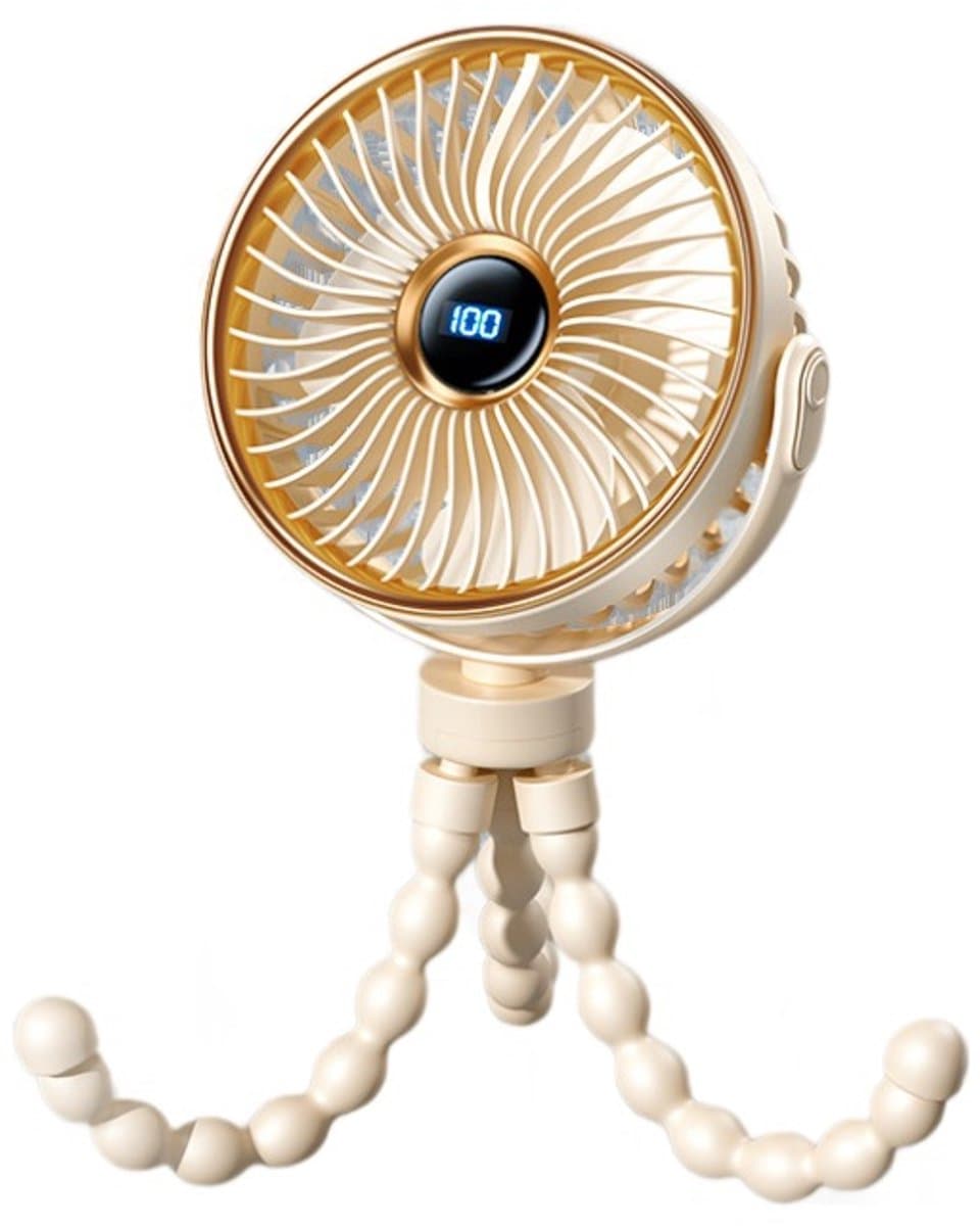 Draagbare mini kinderwagenventilator, oplaadbare persoonlijke ventilator, reisbenodigdheid voor babywagen, speelwagen, autostoel en loopband, fietsaccessoire, 360° draaibaar, 3 snelheden met display, beige — afbeelding 1