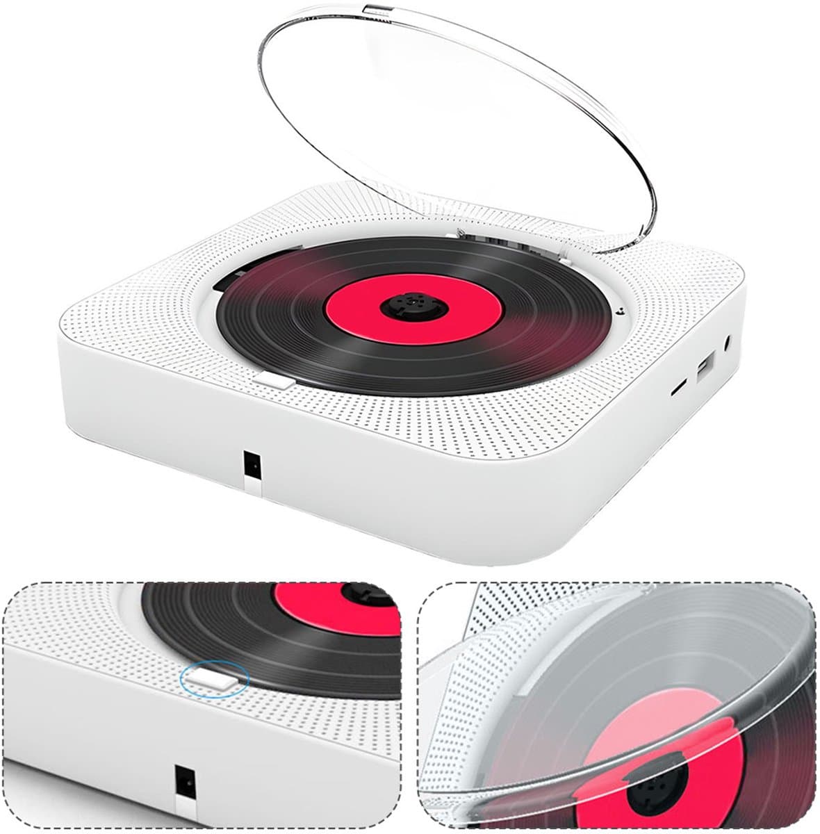 6-in-1 Draagbare CD-Speler met Bluetooth, FM Radio, TF/USB, Wandmontage, Afstandsbediening – Wit – Voor Thuis, Keuken & Kantoor — afbeelding 1