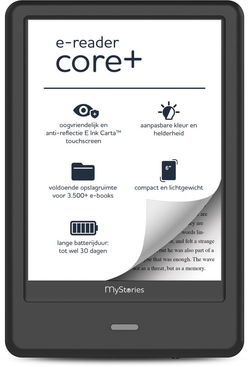 MyStories E-reader Core+ - 6 inch touchscreen E Ink - Tot 68GB opslag voor 3.500 ebooks - Schermverlichting - E-book reader - Zwart - Niet compatibel met Kobo Plus abonnement — afbeelding 1