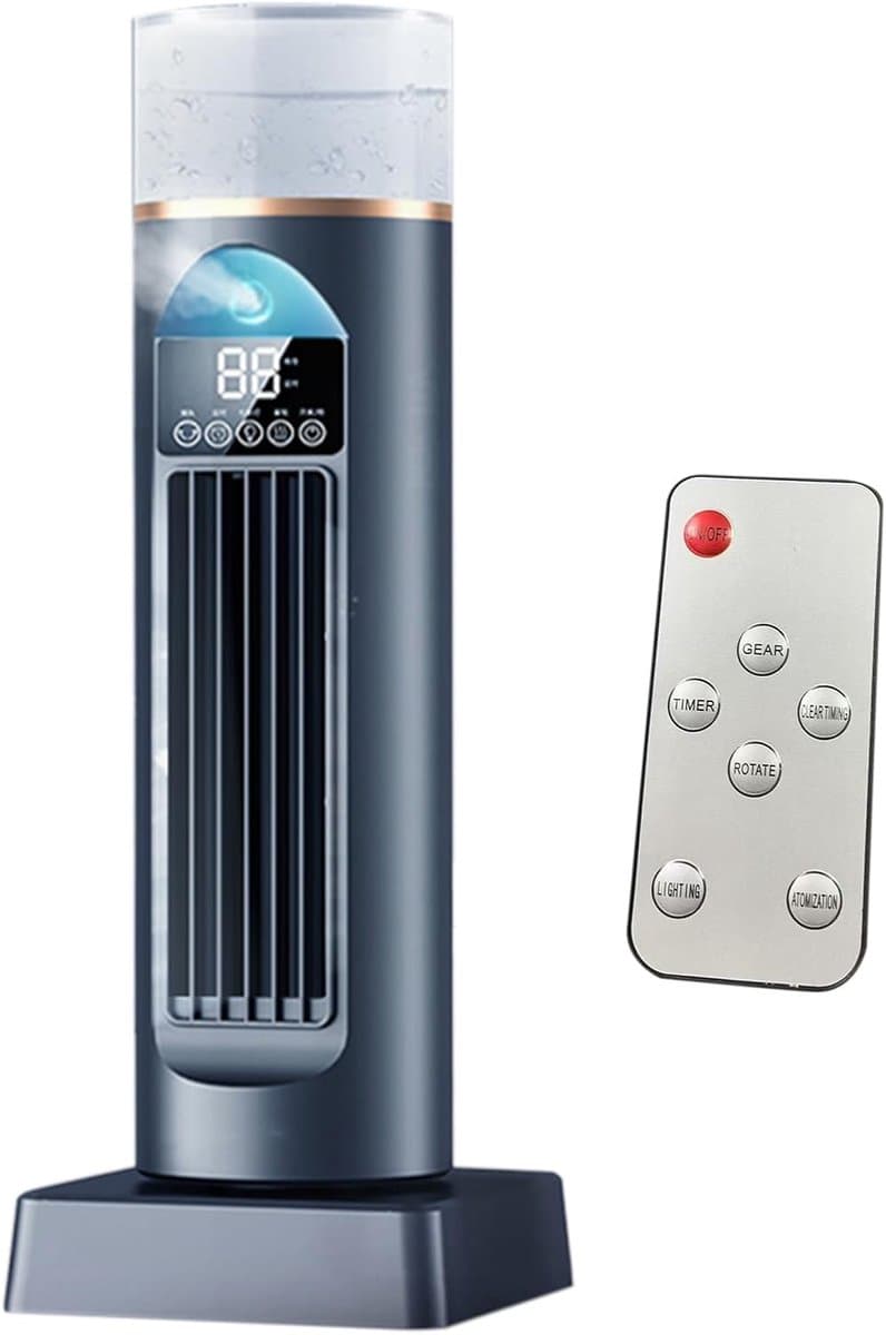 Aircoventilator – Torenventilator/koeler, stille, oscillerende ventilator zonder bladen met afstandsbediening en watertank, 6 snelheden en luchtbevochtiger; geschikt voor slaapkamers, kantoren en binnenshuis (37 x 13 x 13 cm) — afbeelding 1