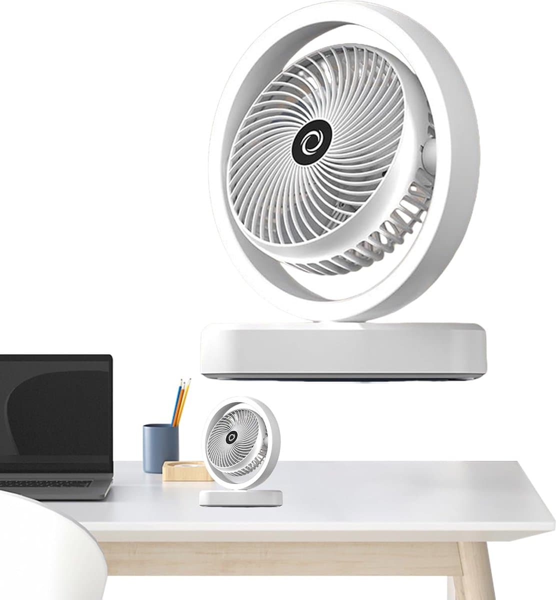 VHV - Ventilator - Tafelventilator - Tafelventilator met Automatische Oscillatie & Nachtlamp - 1800mAh Oplaadbare Ventilator met 270° Zwenkfunctie - Stille Air Circulator voor Bureau en Slaapkamer - Wit — afbeelding 1