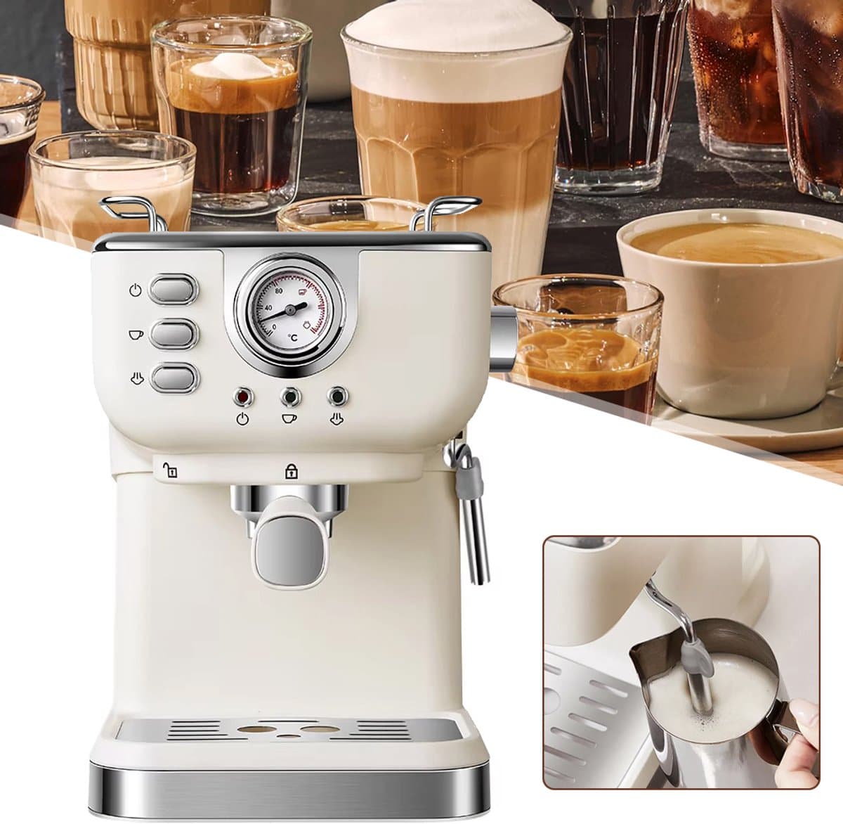 Retro Espressomachine - Koffiezetapparaat - Met Melkschuimer En Stoomdrukregeling - Afneembare Watertank Van 1,5 Liter — afbeelding 1