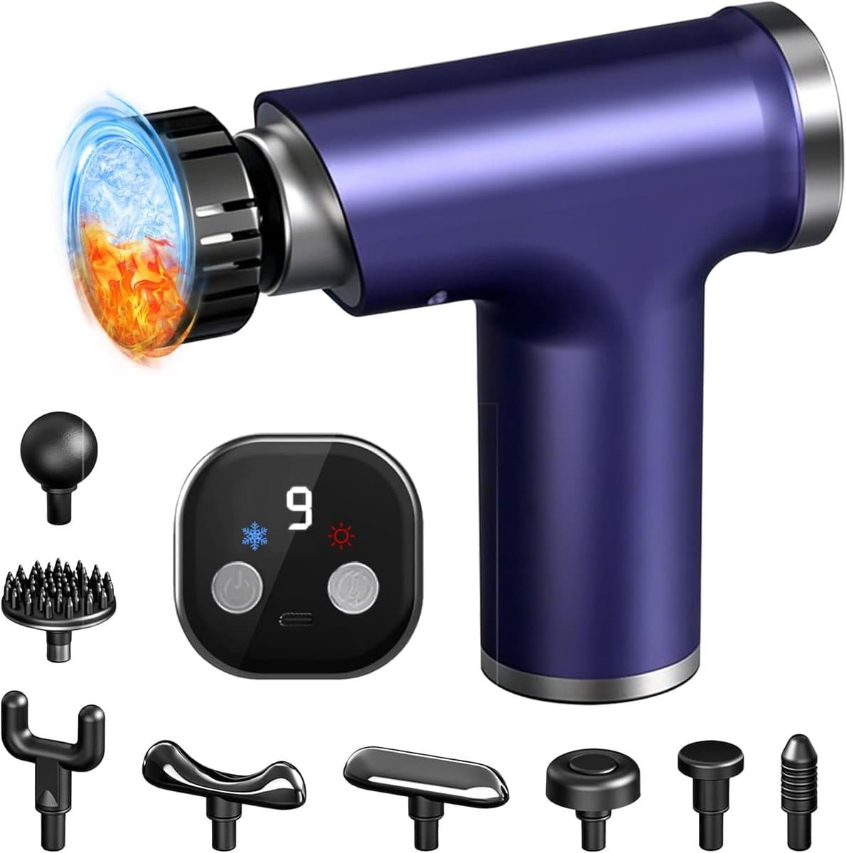 SnelShoppen - Lichaamsmassageapparaat met warmte- en koudefunctie, massagepistool, 9 massagekoppen, 9 intensiteitsniveaus, diepe weefseltherapie voor — afbeelding 1