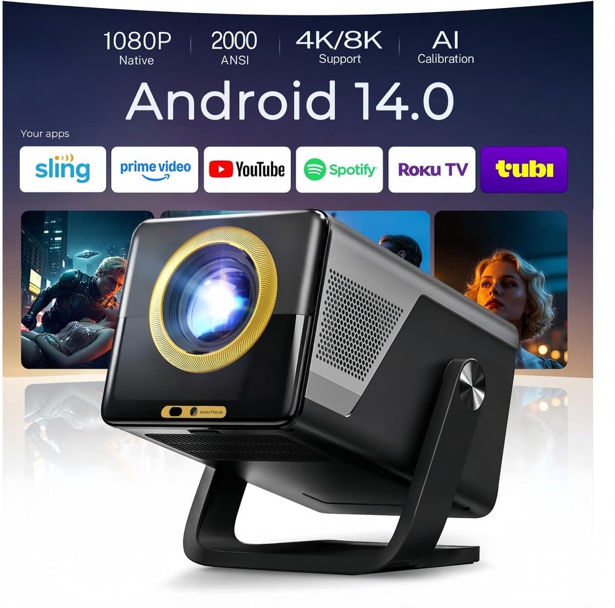 SnelShoppen - X7 Projector Native 1080P / 2000 ANSI - Android 14 - Draagbare Beamer voor Feesten, Camping, Thuisbioscoop - Compact en Krachtig — afbeelding 1