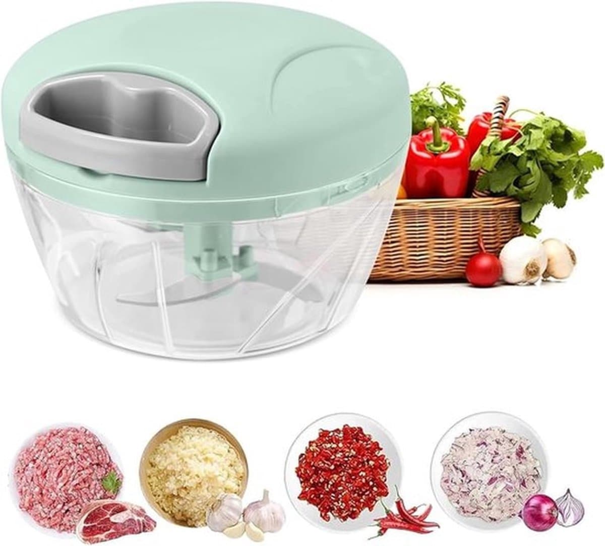 Uienhakker, groentehakker, keukenmachine, groentehakker met deksel (500 ml), BPA-vrij, gemakkelijk schoon te maken, inclusief 3 roestvrijstalen messen. — afbeelding 1