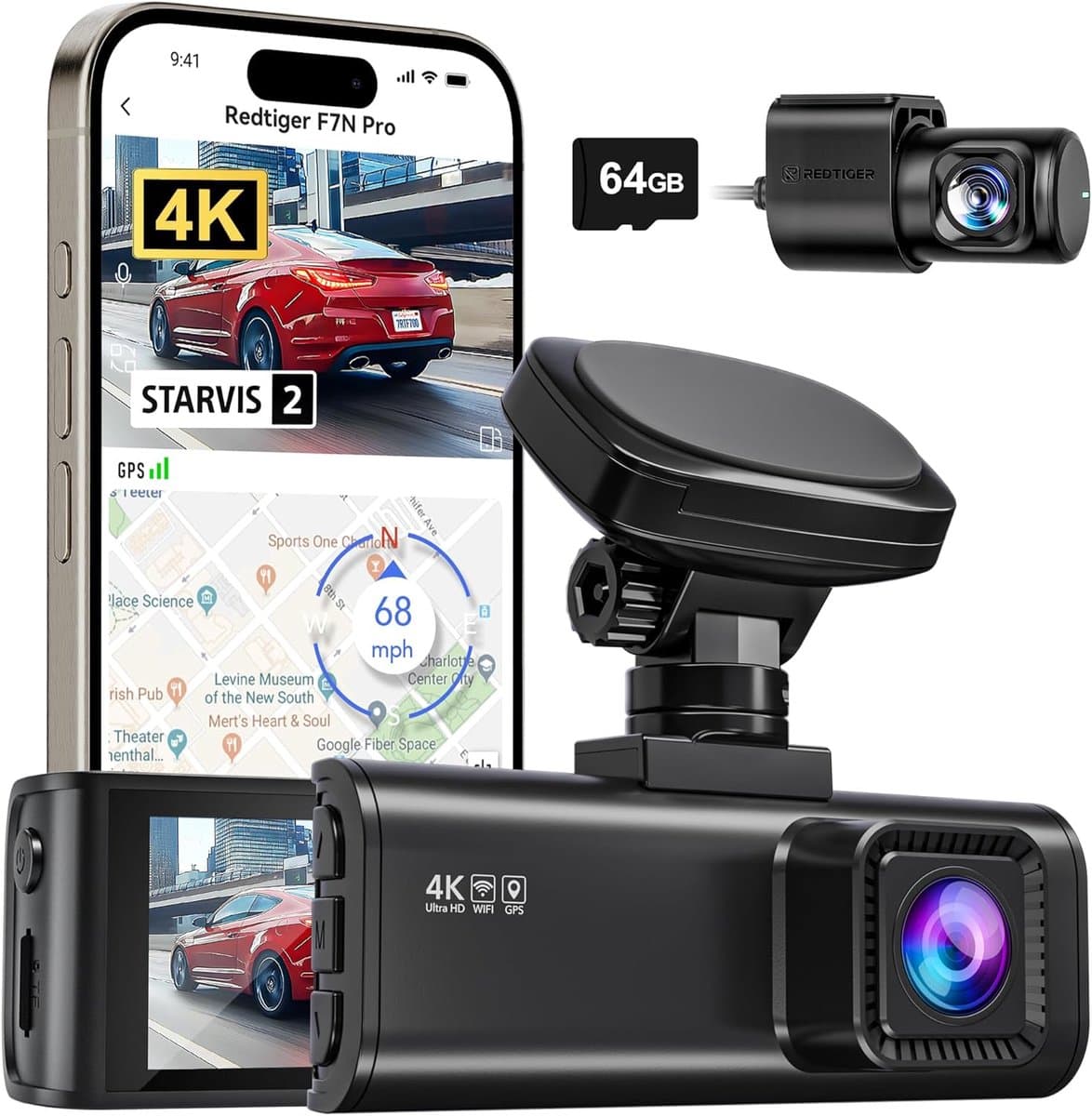 SnelShoppen - 4K Dual Dashcam met 2 Sensoren, 64GB Kaart, Wi-Fi, GPS, 3.18" IPS, 170° Hoek, 24/7 Parkeerbewaking, Loopopname, WDR voor Auto — afbeelding 1
