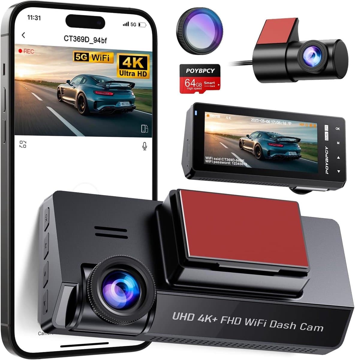 Dashcam voor auto - Zwart - 3,69 inch IPS-scherm - 4K Dual Camera met CPL-filter en 64 GB SD-kaart - Voor veilig rijden en parkeren — afbeelding 1