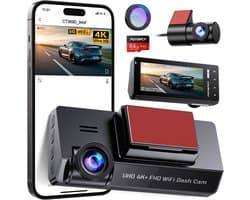 Dashcam voor auto - Zwart - 3,69 inch IPS-scherm - 4K Dual Camera met CPL-filter en 64 GB SD-kaart - Voor veilig rijden en parkeren