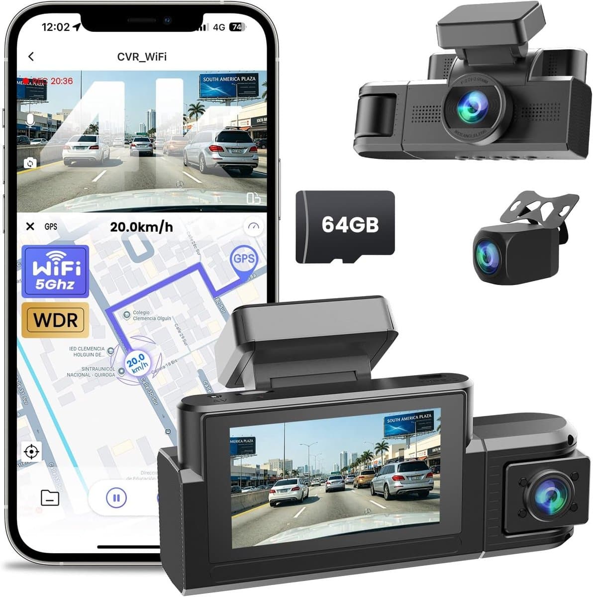 Dashcam voor auto - Zwart - 4K + 2K + 2K 3-kanaals camera met GPS en nachtzicht - Voor volledige ritregistratie — afbeelding 1
