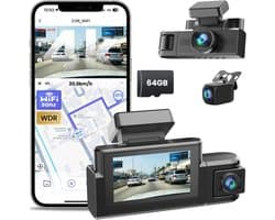 Dashcam voor auto - Zwart - 4K + 2K + 2K 3-kanaals camera met GPS en nachtzicht - Voor volledige ritregistratie