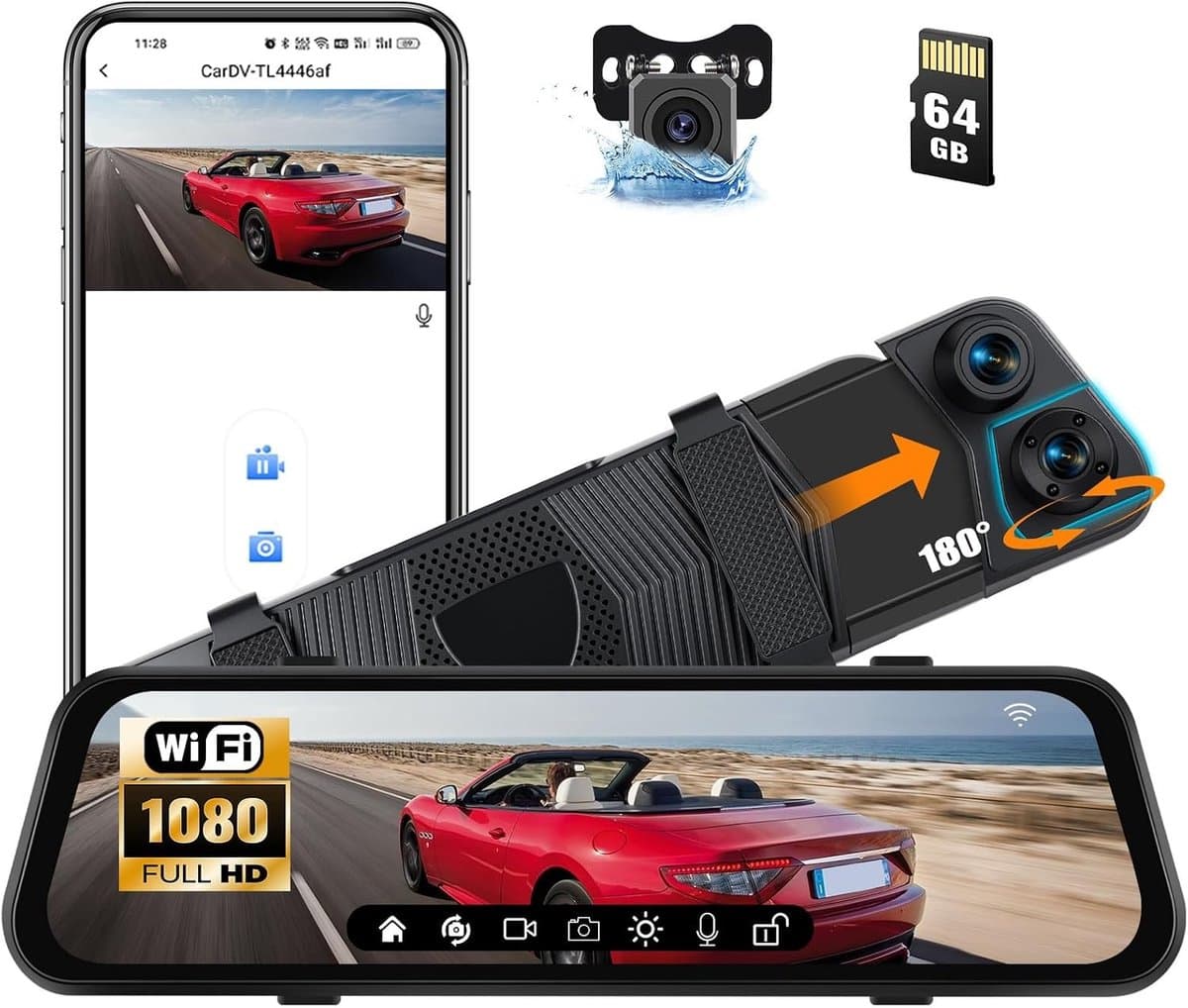 Dashcam voor auto - Zwart - 9,66 inch - IPS Touchscreen met 3 Camera's en Nachtzicht - Voor Veilig Parkeren en 24-uurs Bewaking — afbeelding 1