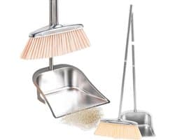 Stoffer en blik - Reinigingsset - Vloeren schoonmaken - Ergonomisch ontwerp - Lange steel - Zilver