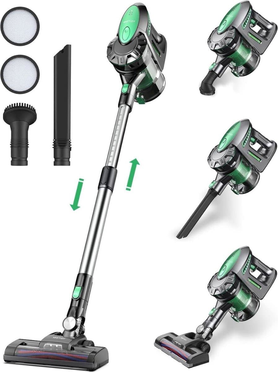 VIN® 6-in1 Steelstofzuiger Zonder Zak op Accu - Steelstofzuiger Draadloos Uitschuifbaar - Kruimeldief Snoerloos best Verkocht 25KPA – Veelzijdige Kruimeldief best Verkocht – met Krachtige batterij – Zwart/Groen — afbeelding 1