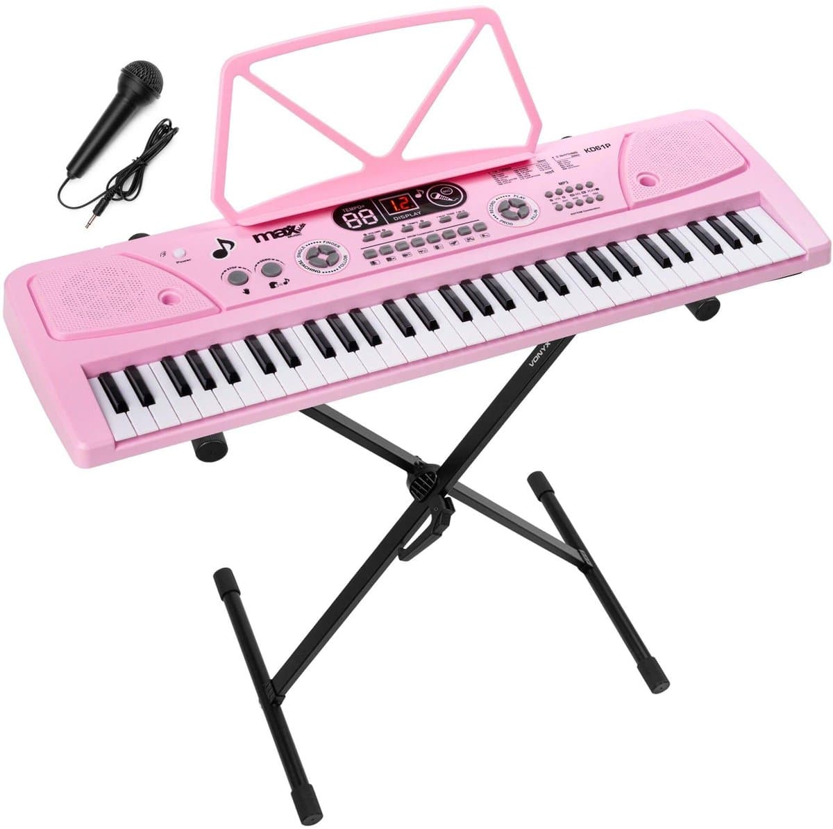 Keyboard piano kinderen - MAX KD61P - Keyboard met 61 toetsen - Keyboardstandaard en oplaadbare accu - Roze — afbeelding 1