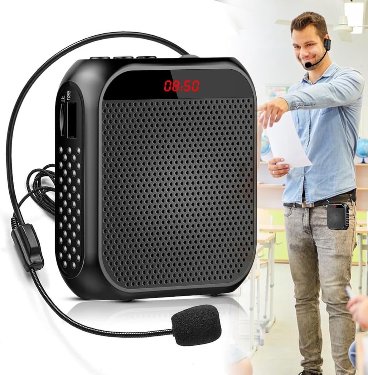 Stemversterker draadloos – oplaadbare speaker met headset microfoon, 2200mAh batterij, 20 uur gebruik, zwart — afbeelding 1