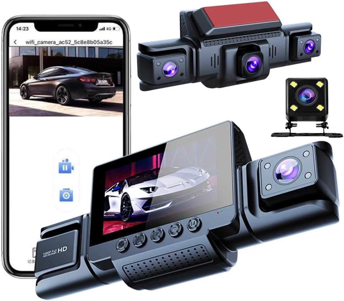 Dashcam Auto 360 graden - 4 camera's, 1080p Full-HD,met 64 GB SD-kaart, wifi, nachtzicht, G-sensor, bewegingsdetector, 3 inch IPS-display, waterdicht, loop-opname, trigger bij ongevallen — afbeelding 1
